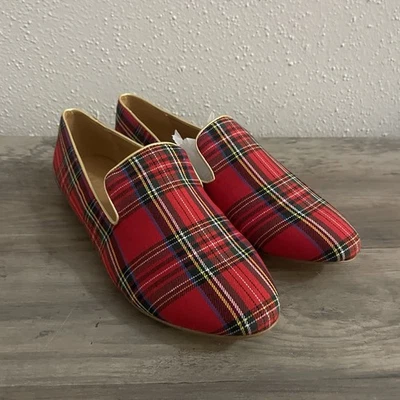 NUEVO SIN CAJA J.CREW Mujer Rojo Zapatos a Cuadros Vacaciones Fumar Mocasines Tartán Talla 8 ¡NUEVO! Foto 1 de 4