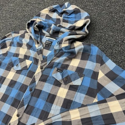Camisa RVCA con capucha a cuadros abotonada para hombre L regular azul gris crema franela de algodón Foto 1 de 4