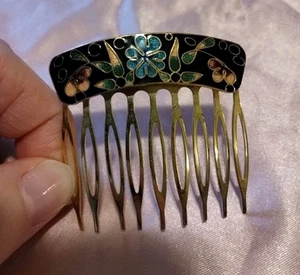 Vintage Gold Tone Cloisonné Hair Comb With Enamel Floral Design - Picture 1 of 6