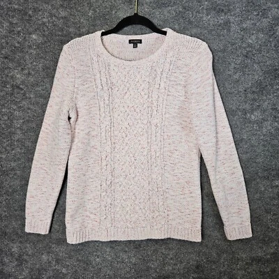 TALBOTS Sweater Womens M Cream Red Blue Fleck Cable Knit Cotton Crew Neck - Image 1 of 4