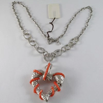 COLLANA ARGENTO 925 CON PENDENTE GRANDE CUORE LAVORATO E CORNIOLA, CATENA ROLO - Immagine 1 di 4