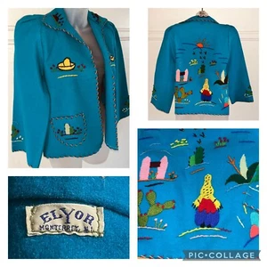 Vtg 1940s Mexican jacket embroidered wool Elyor Monterey Mexico Turquoise S EUC - Picture 1 of 11