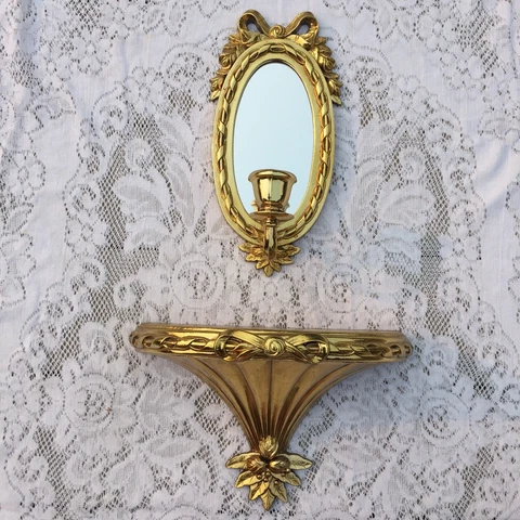 VINTAGE GOLD GILT HOLLYWOOD REGENCY MIRROR SCONCE SHELF SET HOME INTERIOR Cover