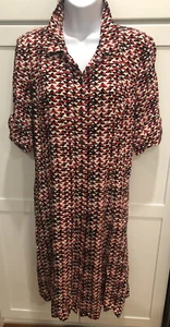J Jill Dress Womens 10 Red Black Patterned Button Roll Tab Short Sleeve Pockets - Picture 1 of 6