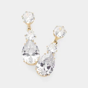 Gold Teardrop Dangle Drop Cubic Zirconia Stone Earrings #6963G Evening Formal - Picture 1 of 1