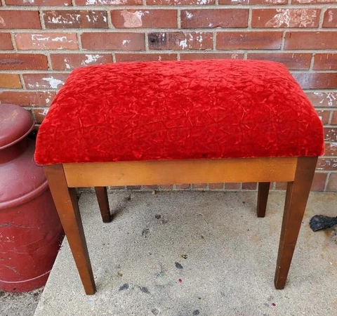 Vintage Piano Stool Bench Dark Red Crushed Velvet Padded Seat Storage Under Seat Cover