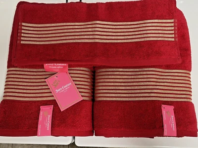 Juego de toallas Juicy Couture de 3 piezas rayas doradas rojas 2 baños 1 mano decoración navideña nuevo con etiquetas Foto 1 de 4