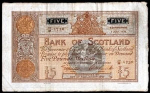 Bank of Scotland, Five Pounds, 3.7.1936, 19/M 1730. GVF+ - Bild 1 von 2