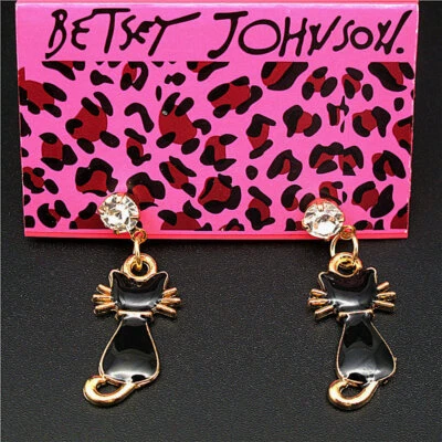 New Women Jewelry Fashion Enamel Black elegant cat white Rhinestone Earrings - Image 1 of 2
