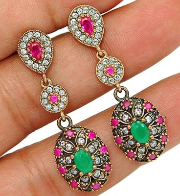 Ottoman Empire Style 6CT Treated Emerald 925 Sterling Silver Earrings S3-2 - Image 1 of 2