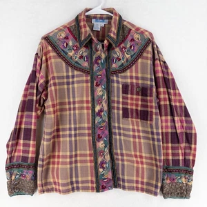 Vintage 90's QPS Embroidered Shirt Medium Plaid Long Sleeve Floral Grandma - Picture 1 of 9