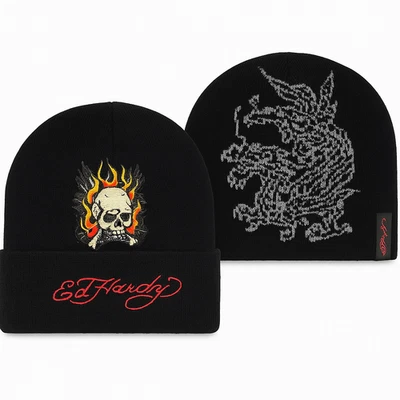 Ed Hardy Skull & Dragon Beanie Set 2-Pack Knit Black Embroidered Logo Hat NWT - Image 1 of 4