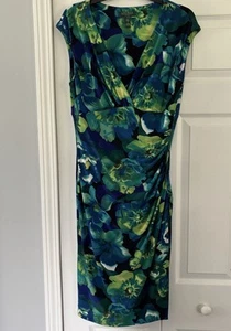 Lauren Ralph Lauren 10 Sleeveless Floral Dress Womens Green Blue Art Ruched - Picture 1 of 11