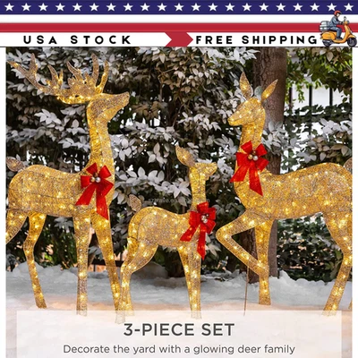 Juego de 3 piezas 210 LED Navidad Iluminado Reno Familia Decoración Ciervos Decoración Exterior Foto 1 de 4