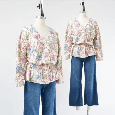 Blusa tejida jersey cintura ceñida Grannycore top tejido floral crema años 80 vintage M Foto 1 de 4