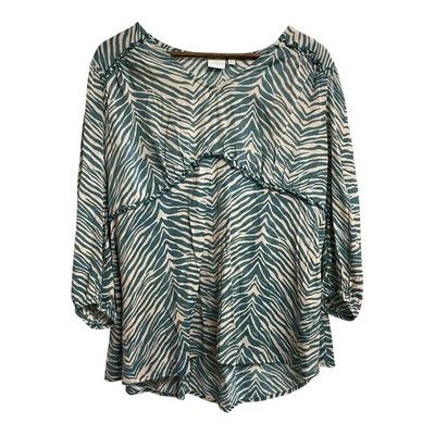 Blusa grande para mujer New Directions melocotón verde azulado estampado animal manga globo usada en excelente estado Foto 1 de 4