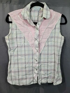 Karman VTG USA Western Shirt Pearl Snap Buttons Fancy plaid pink accent Sz 11/12 - Picture 1 of 7