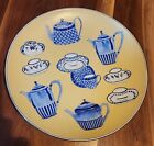 Vtg Oriental Accent Decorative Plate Yellow With Blue And White Teapots, Teacups