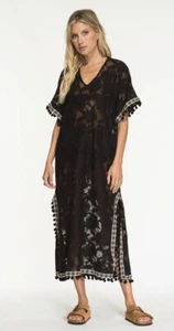 NWT $248 NIGHTCAP FREE PEOPLE *SUN KISSED BLACK LACE TRIBAL POM KAFTAN DRESS XS - Picture 1 of 12