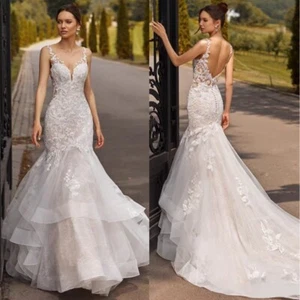 Elegant Mermaid Wedding Dress Spaghetti Straps Ruffle Lace Applique Bridal Gown  - Picture 1 of 11