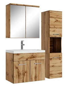 Badezimmer Badmöbel-Set Montreal mit Spiegelschrank 60cm Waschbecken Eiche - Unt - Bild 1 von 6