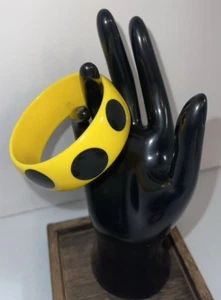 Acrylic Plastic Bangle Bracelet Yellow with Black Polka Dots - Picture 1 of 6