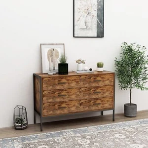 Industrial Style 6-Drawer Double Dresser, Rustic Brown Wood Clothes Organizer - Picture 1 of 10