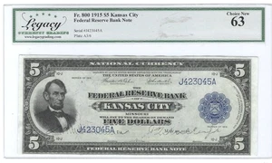 1915 $5 Legacy Choice New 63 Uncirculated National Federal Reserve Bank Note 800 - Picture 1 of 2