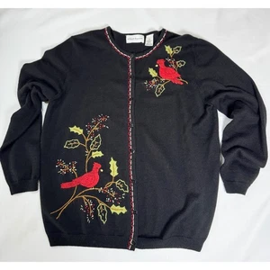 Alfred Dunner Christmas Cardigan Cardinal & Holly Embroidered Christmas Sweater - Picture 1 of 11