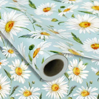 Daisy Floral Wrapping Paper -Mini Roll- 17 Inch X 32.8 Ft Watercolor Blue Daisy - Image 1 of 4
