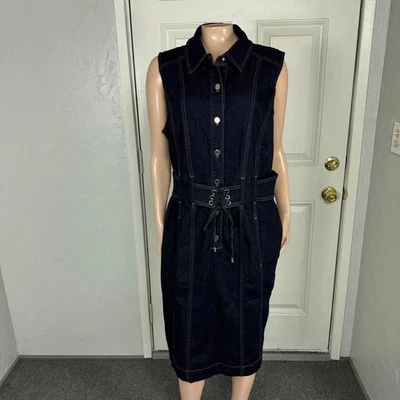 NUEVO WHBM Mujer Vestido Denim 12 Botones Lavado Oscuro Elastizado Bolsillos Camisa II10 Foto 1 de 4