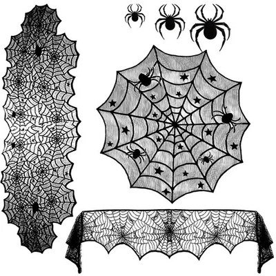 15 Pcs Set Spider Web Decorations, Halloween Kit Black Lace Table Runner Cobw... - Image 1 of 4