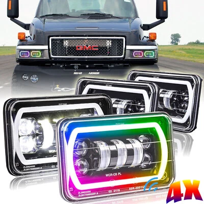 For GMC C4500 C5500 Topkick 2003-2009 4x6" LED Headlights RGB Halo Hi/Lo Beam H4 - Image 1 of 4