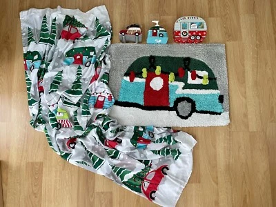 Christmas Shower Curtain Tinsel Town Small Camper String Lights Tree Red Car - Image 1 of 4