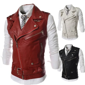 Men's Casual PU Leather Vest Tops Motorcycle Jackets Sleeveless Waistcoat Coats - Picture 1 of 13