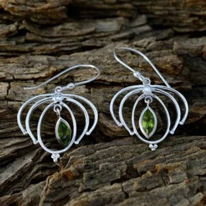 Sterling Silver Peridot Gemstone Green Color Marquise Dangle Earring For Girls - Picture 1 of 4