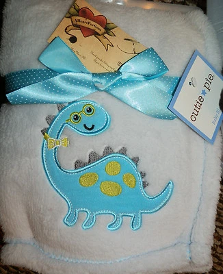 CUTIE PIE BABY BLANKET DINOSAUR VERY LIGHT BLUE W AQUA GOLD GRAY ALL PURPOSE - Image 1 of 2