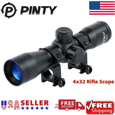 PINTY 4x32 Compact Rifle Scope Crosshair Mil Dot Optics Hunting Scope w/ Mounts