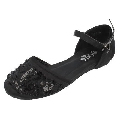 Niña H2170 Raso Negro Zapato Lentejuelas Delantero Por Cutie Precio de Venta - Imagen 1 de 4