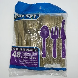 Gold Plastic Cutlery Combo (Spoons, Forks & Knives) 48 Pieces for Party - Picture 1 of 2