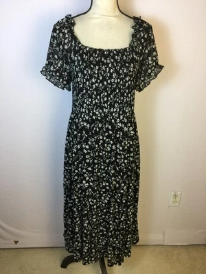 Vestido Siren Lily Midi Tamanho G Feminino Preto Branco Floral Manga Curta Boho - Imagem 1 de 4