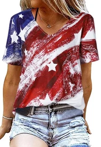 American Flag T Shirt Women USA Star Stripes Fourth July Tee Shirts Casual Am... - Bild 1 von 4