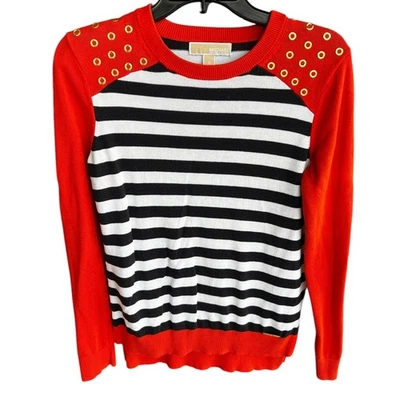 Michael Kors морской оранжевый синий белая полоса золотой люверс свитер Sz маленький - Изображение 1 из 4