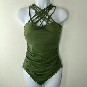 Magicsuit Womens One Piece 12 green strappy halter lace up padded