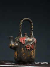 8" Antique Qing dynasty qianlong mark Bronze gilt gourd melon edge Handle Teapot