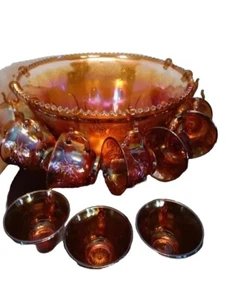Marigold Iridescent Grape Harvest Carnival Glass punch Bowl Set w/12 cups - Picture 1 of 7