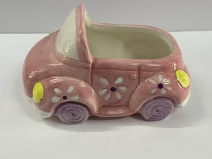 Pink Convertible Car Planter Retro VW Bug Style Ceramic Flower Pot Cute Daisies - Picture 1 of 12