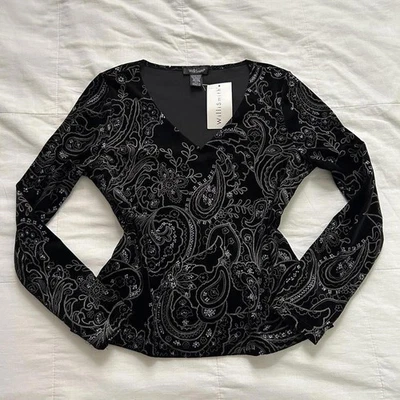 Top Y2K Deadstock Vintage Terciopelo Negro Brillo Estampado Paisley Manga Larga Cuello en V Foto 1 de 4