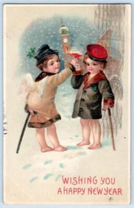 1909 HAPPY NEW YEAR CHERUBS TOASTING CHAMPAGNE CLOCK TOWER SNOW POSTCARD - Picture 1 of 2
