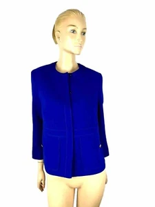 ESCADA ROYAL BLUE 100% WOOL SNAP COLLARLESS SINGLE BREASTED JACKET SIZE 42 - Picture 1 of 15